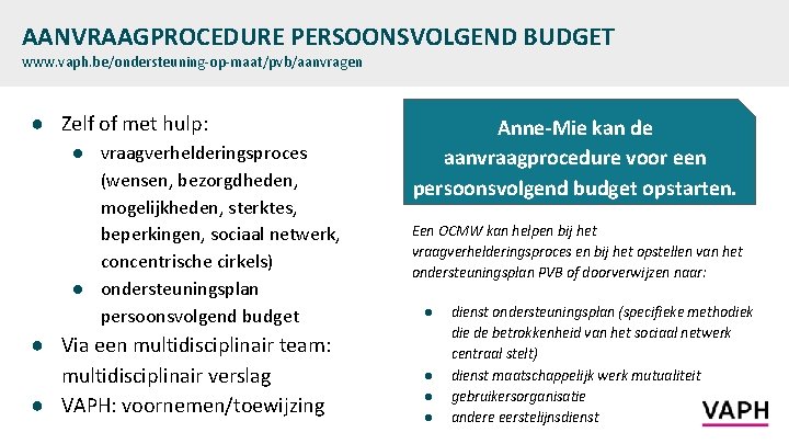 AANVRAAGPROCEDURE PERSOONSVOLGEND BUDGET www. vaph. be/ondersteuning-op-maat/pvb/aanvragen ● Zelf of met hulp: ● vraagverhelderingsproces (wensen,