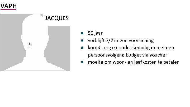 JACQUES ● 56 jaar ● verblijft 7/7 in een voorziening ● koopt zorg en