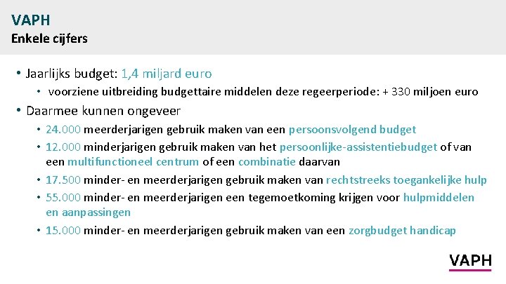 VAPH Enkele cijfers • Jaarlijks budget: 1, 4 miljard euro • voorziene uitbreiding budgettaire