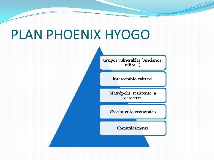 PLAN PHOENIX HYOGO Grupos vulnerables (Ancianos, niños…) Intercambio cultural Metrópolis resistente a desastres Crecimiento