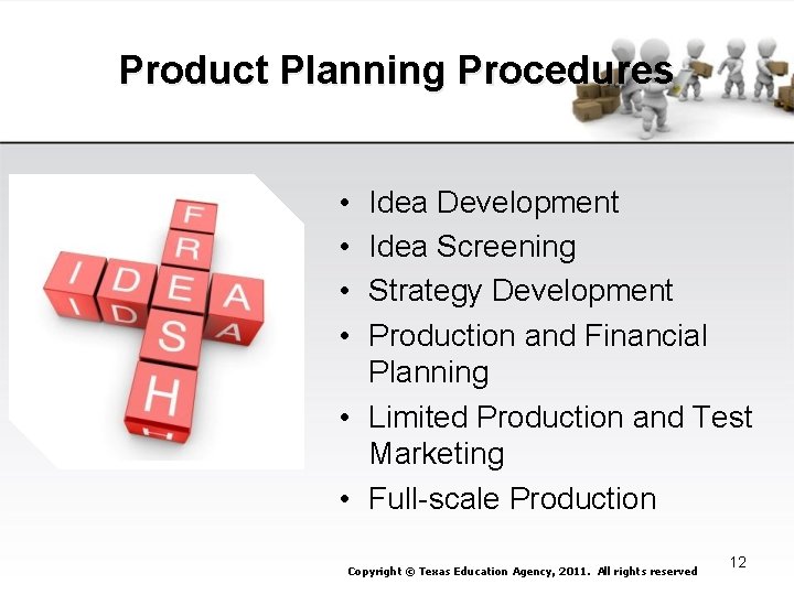Product Planning Procedures • • Idea Development Idea Screening Strategy Development Production and Financial