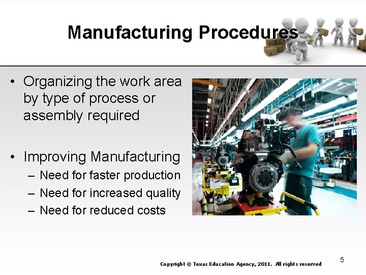 Manufacturing Procedures • Organizing the work area by type of process or assembly required