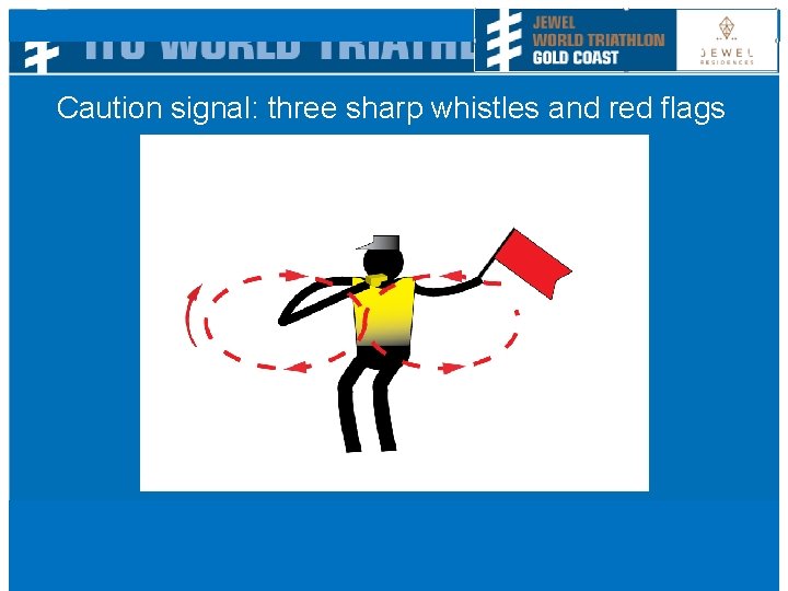 Caution signal: three sharp whistles and red flags 