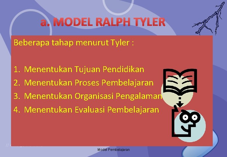 a. MODEL RALPH TYLER Beberapa tahap menurut Tyler : 1. 2. 3. 4. Menentukan