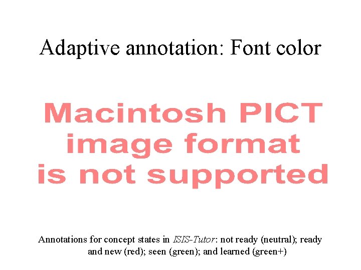 Adaptive annotation: Font color Annotations for concept states in ISIS-Tutor: not ready (neutral); ready