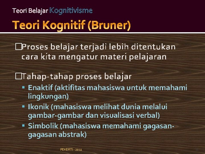 Teori Belajar Kognitivisme �Proses belajar terjadi lebih ditentukan cara kita mengatur materi pelajaran �Tahap-tahap