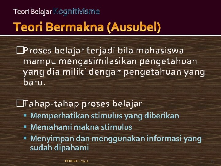 Teori Belajar Kognitivisme �Proses belajar terjadi bila mahasiswa mampu mengasimilasikan pengetahuan yang dia miliki