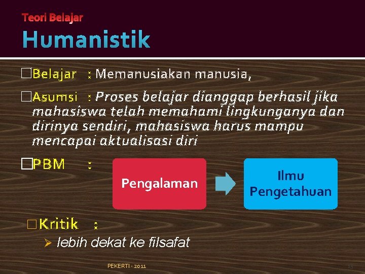 Humanistik �Belajar : Memanusiakan manusia, �Asumsi : Proses belajar dianggap berhasil jika mahasiswa telah