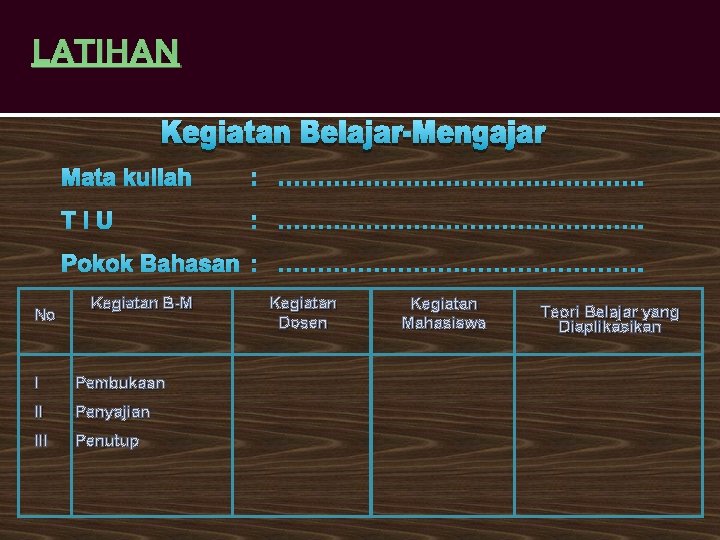 LATIHAN Mata kuliah : ……………………. TIU : ……………………. Pokok Bahasan : ……………………. No Kegiatan