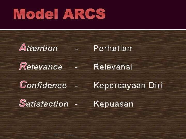 Model ARCS Attention - Perhatian Relevance - Relevansi Confidence - Kepercayaan Diri Satisfaction -