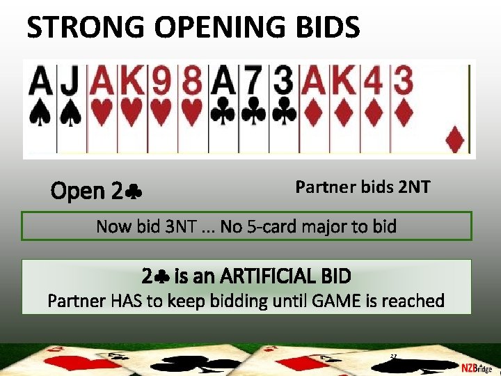 STRONG OPENING BIDS Open 2 Partner bids 2 NT Now bid 3 NT. .