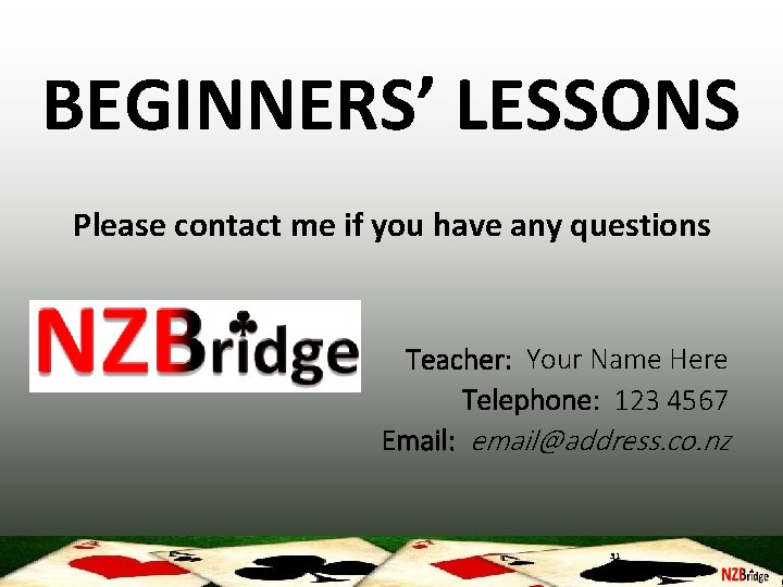 BEGINNERS’ LESSONS Please contact me if you have any questions Teacher: Your Name Here