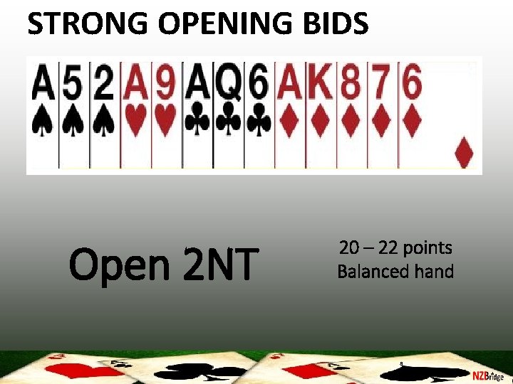 STRONG OPENING BIDS Open 2 NT 20 – 22 points Balanced hand 8 