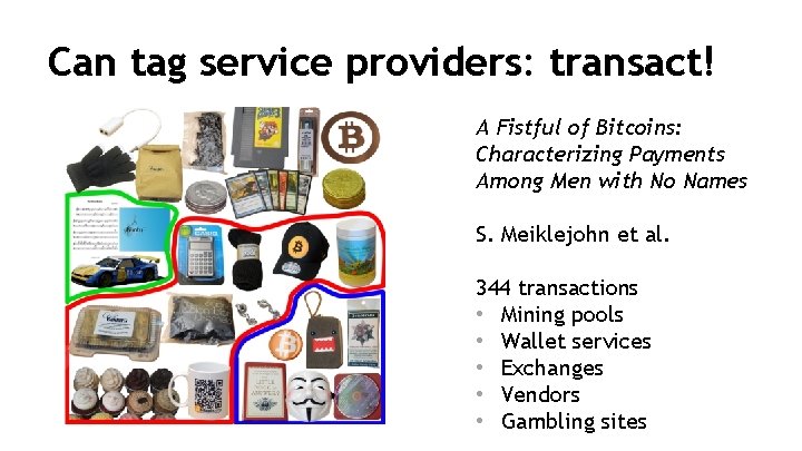 Can tag service providers: transact! A Fistful of Bitcoins: Characterizing Payments Among Men with