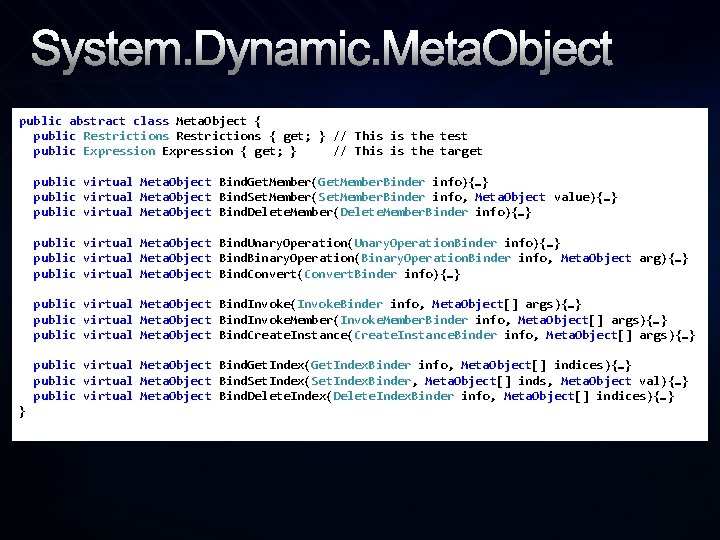 System. Dynamic. Meta. Object public abstract class Meta. Object { public Restrictions { get;