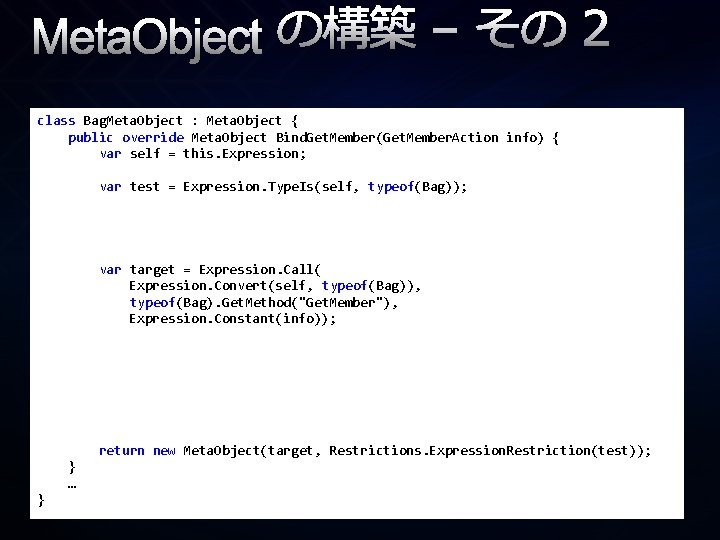 Meta. Object の構築 – その 2 class Bag. Meta. Object : Meta. Object {