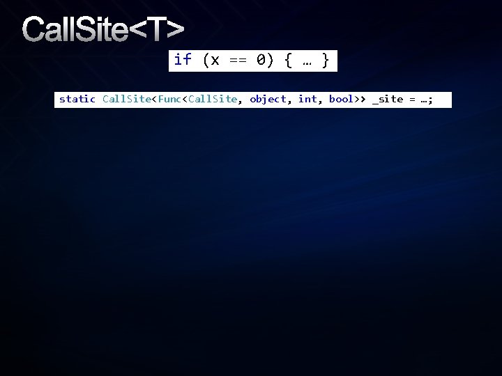 Call. Site<T> if (x == 0) { … } static Call. Site<Func<Call. Site, object,
