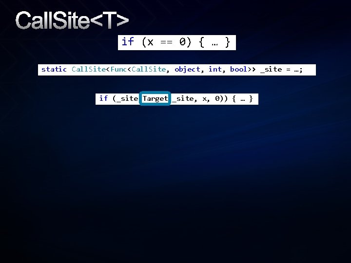 Call. Site<T> if (x == 0) { … } static Call. Site<Func<Call. Site, object,