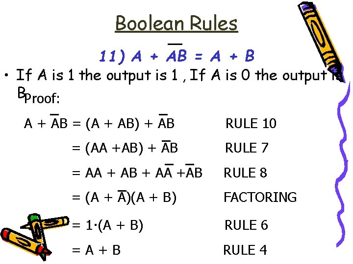 Boolean Rules 11) A + AB = A + B • If A is