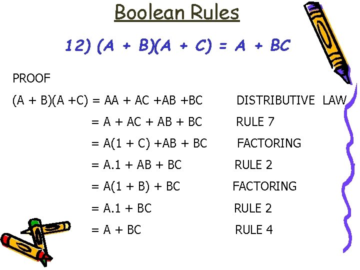 Boolean Rules 12) (A + B)(A + C) = A + BC PROOF (A