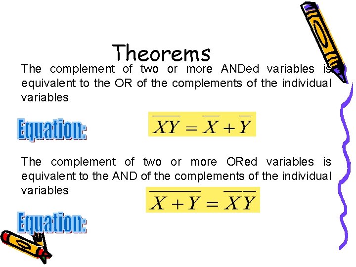 Theorems The complement of two or more ANDed variables is equivalent to the OR