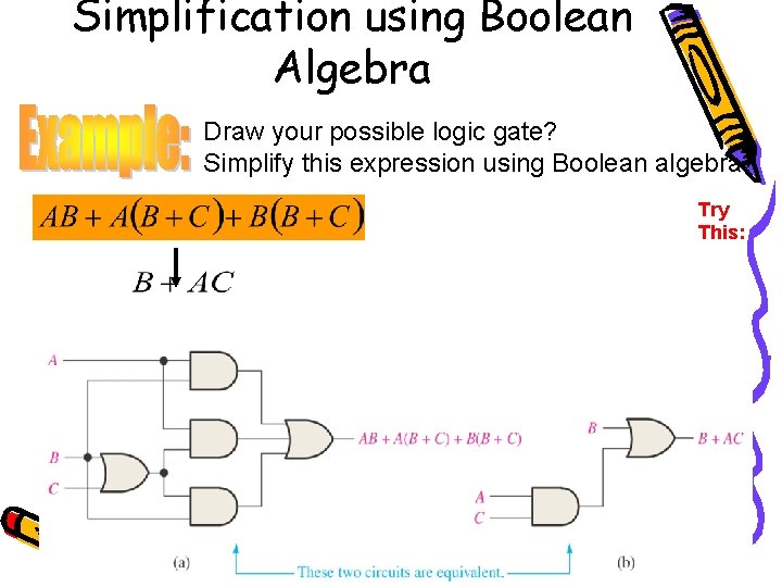 Simplification using Boolean Algebra Draw your possible logic gate? Simplify this expression using Boolean