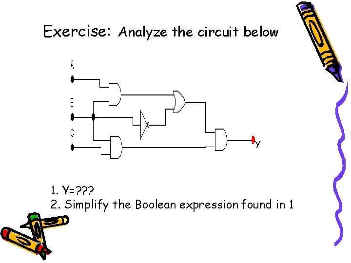 Exercise: Analyze the circuit below Y 1. Y=? ? ? 2. Simplify the Boolean