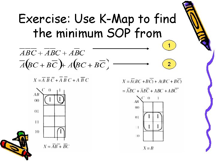 Exercise: Use K-Map to find the minimum SOP from 1 2 