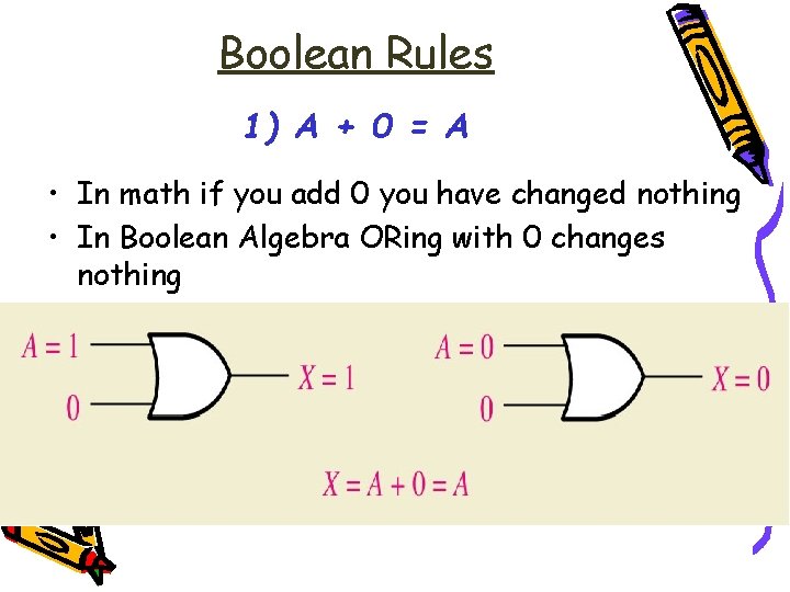 Boolean Rules 1) A + 0 = A • In math if you add
