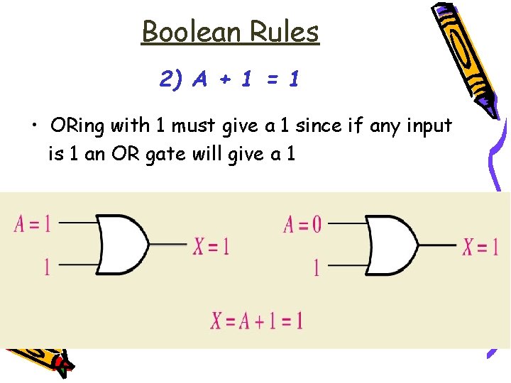 Boolean Rules 2) A + 1 = 1 • ORing with 1 must give