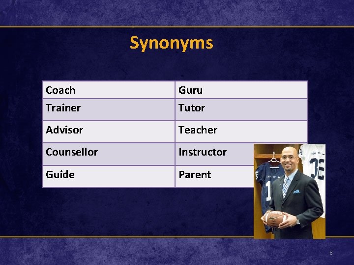 Synonyms Coach Trainer Guru Tutor Advisor Teacher Counsellor Instructor Guide Parent 8 