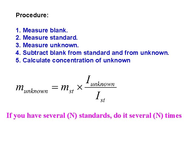 Procedure: 1. Measure blank. 2. Measure standard. 3. Measure unknown. 4. Subtract blank from