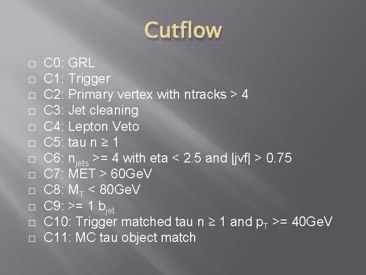 Cutflow � � � C 0: GRL C 1: Trigger C 2: Primary vertex