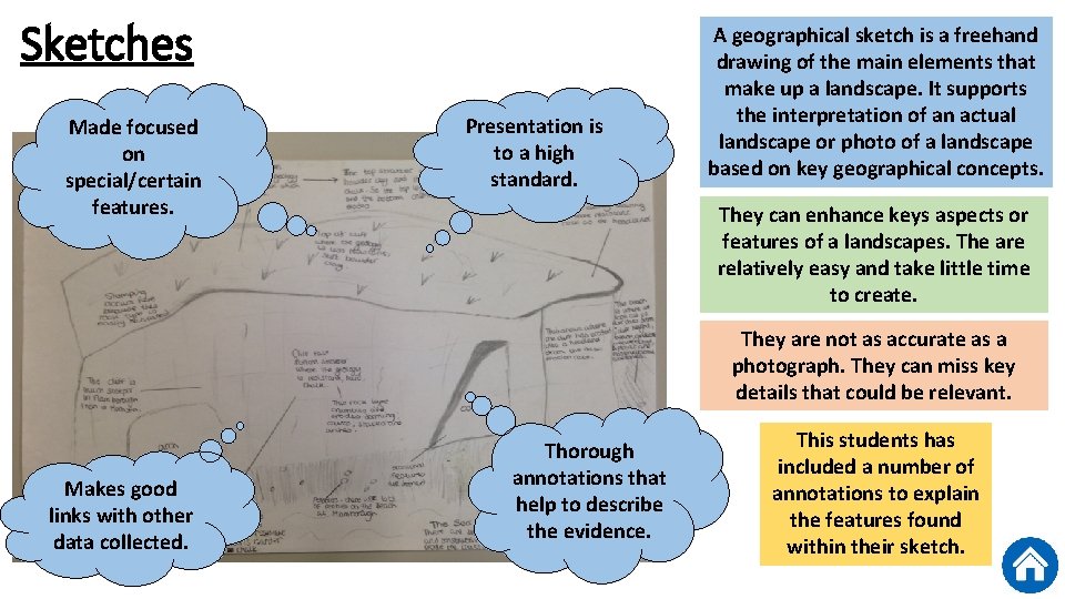 Sketches Made focused on special/certain features. Presentation is to a high standard. A geographical