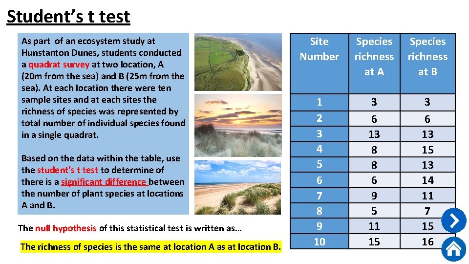 Student’s t test As part of an ecosystem study at Hunstanton Dunes, students conducted