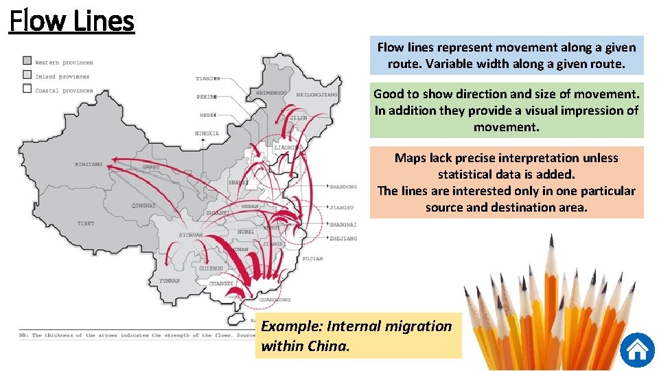 Flow Lines Flow lines represent movement along a given route. Variable width along a