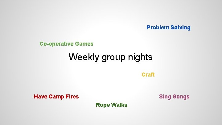 Problem Solving Co-operative Games Weekly group nights Craft Have Camp Fires Sing Songs Rope