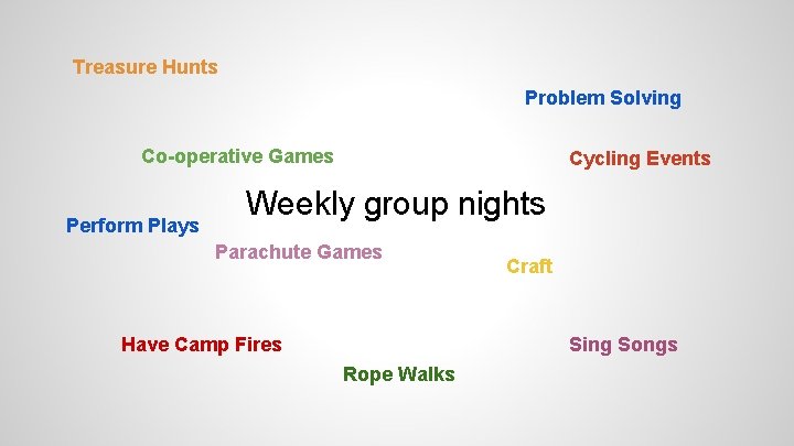 Treasure Hunts Problem Solving Co-operative Games Perform Plays Cycling Events Weekly group nights Parachute