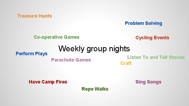 Treasure Hunts Problem Solving Co-operative Games Perform Plays Cycling Events Weekly group nights Parachute