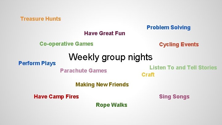 Treasure Hunts Have Great Fun Problem Solving Co-operative Games Perform Plays Cycling Events Weekly