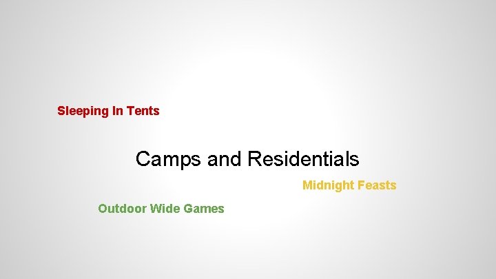 Sleeping In Tents Camps and Residentials Midnight Feasts Outdoor Wide Games 
