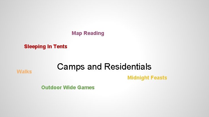 Map Reading Sleeping In Tents Walks Camps and Residentials Midnight Feasts Outdoor Wide Games