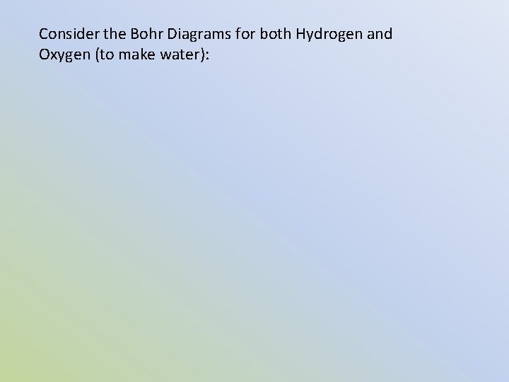 Consider the Bohr Diagrams for both Hydrogen and Oxygen (to make water): 