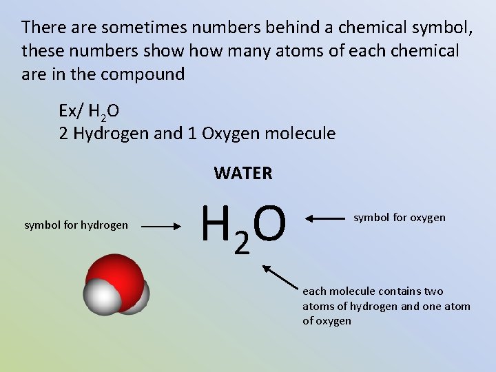 There are sometimes numbers behind a chemical symbol, these numbers show many atoms of