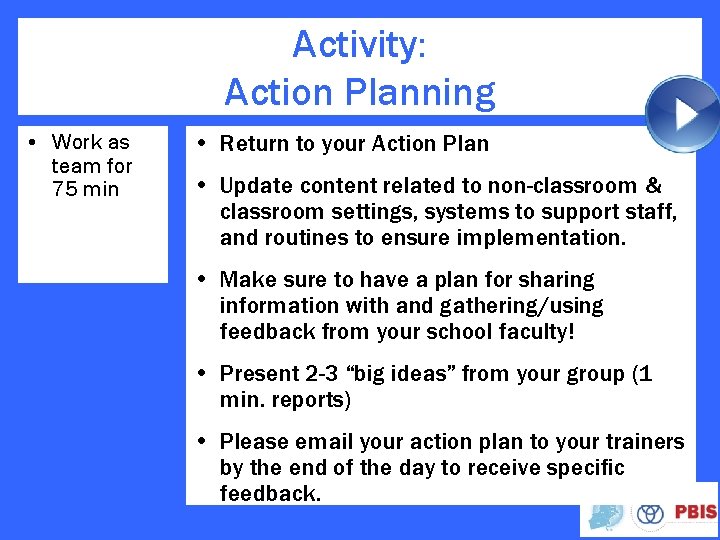 Activity: Action Planning • Work as team for 75 min • Return to your