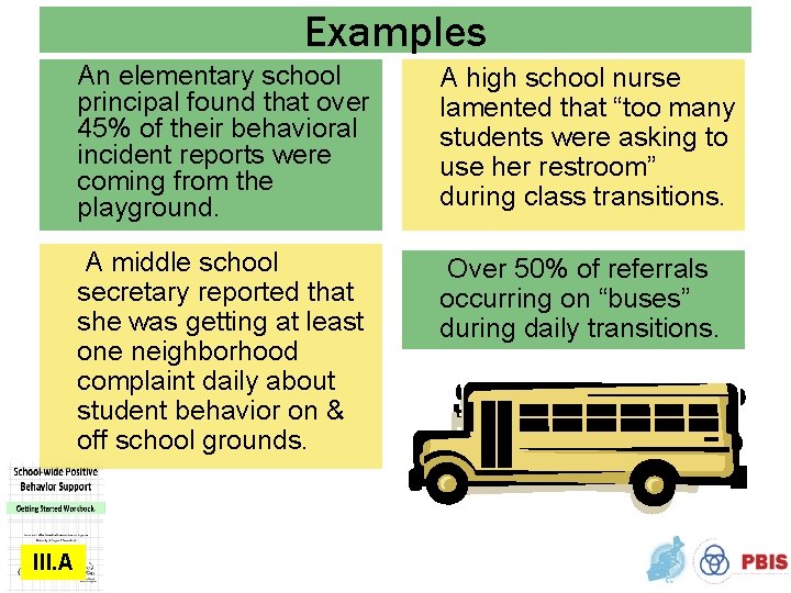 Examples III. A An elementary school principal found that over 45% of their behavioral
