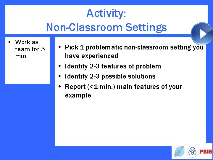 Activity: Non-Classroom Settings • Work as team for 5 min • Pick 1 problematic
