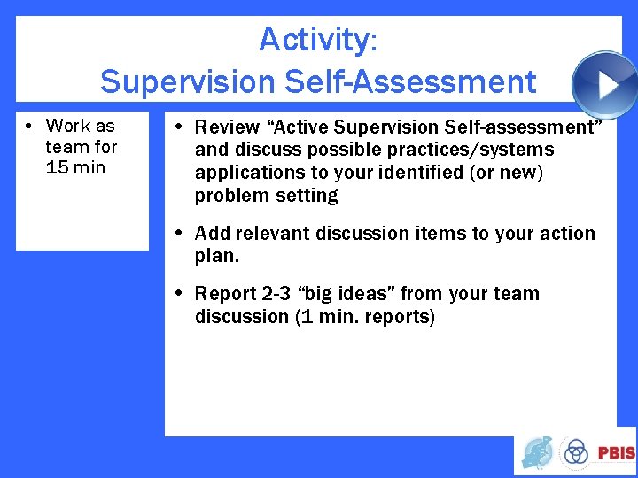Activity: Supervision Self-Assessment • Work as team for 15 min • Review “Active Supervision
