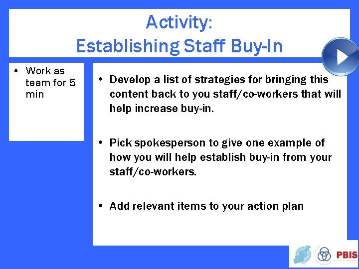 Activity: Establishing Staff Buy-In • Work as team for 5 min • Develop a