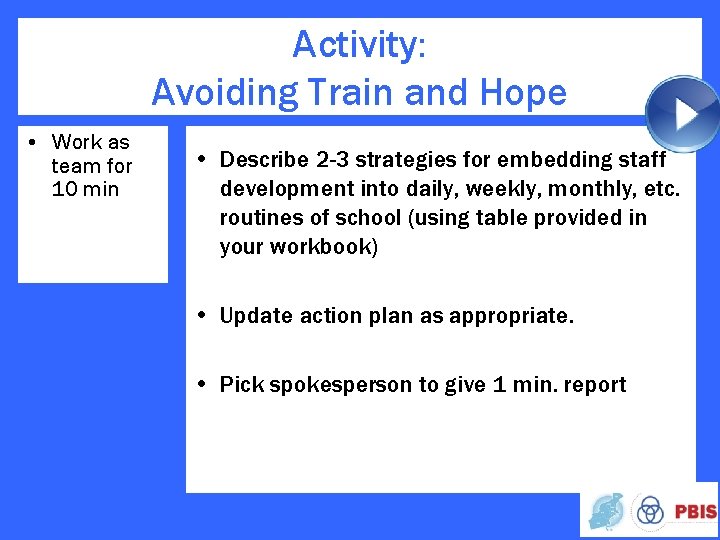 Activity: Avoiding Train and Hope • Work as team for 10 min • Describe
